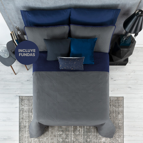 Edredón Ligero Doble Vista Real Textil + 2 Fundas De Almohada, Juego De Colcha Queen Size, Color Azul Marino - Gris Oscuro Azul Marino - Gris Oscuro Liso