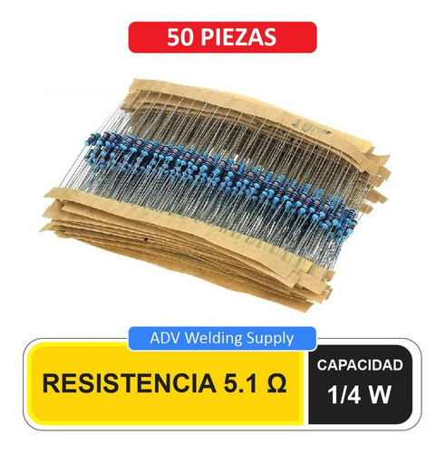 Resistencia 5.1 Ohm 50 Piezas 1/4 W 1% Pelicula Metalica 