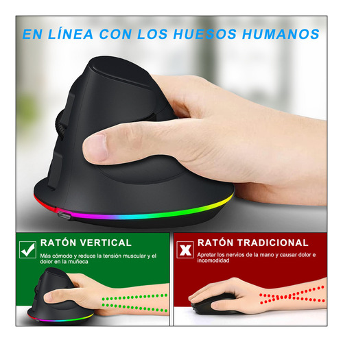 Ratón Ergonómico Inalámbrico Recargable, 2.4g ,24/32/40 Dpi Color Negro
