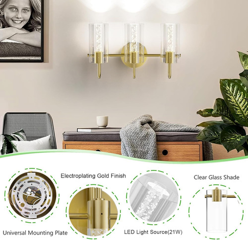 Lámparas De Baño Doradas 3 Luces Modernas Con Cristal De Bur
