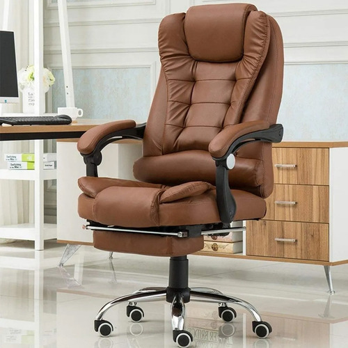 Silla Ergonómica Piel Pu Con Reposapiés Y Respaldo Ajustable Marrón Cuero Sintético