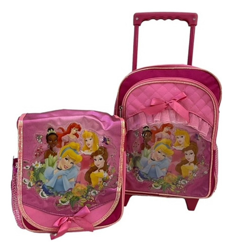 Princesas Mochila Y Lonchera Kinder Color Fucsia Diseño De La Tela Rostro Princesas
