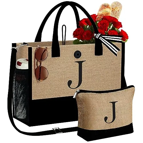 Cartera De Yute Chic Porta Cosmetico Con Letra Bordada J