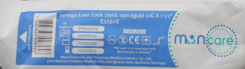 Jeringa Desechable Muncare Luer Lock 20cc 21gx1/2 Caja X 50