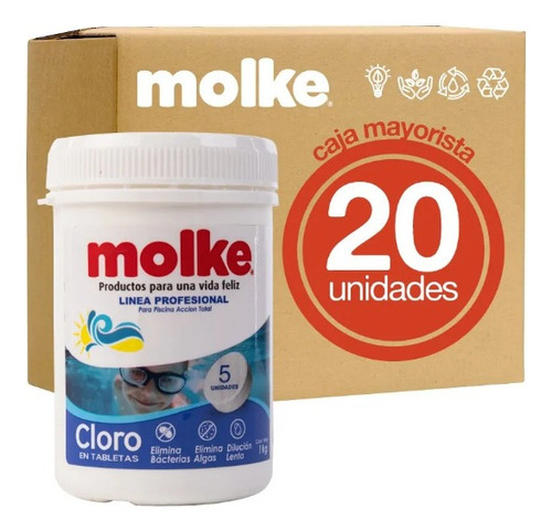 Caja 20 Kg Cloro En Tabletas Molke Para Piscinas, Potes 1kg