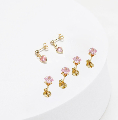 Set 3 Pares De Aretes Circonia Rosa En Oro Laminado 18k