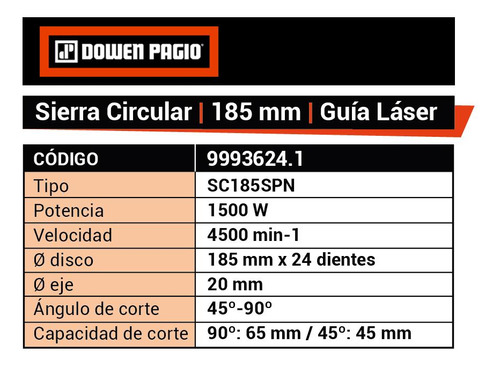 Sierra Circular 185mm Guia Láser 1500w Dowen Pagio 9993624.1 Color Naranja Frecuencia 50 Hz