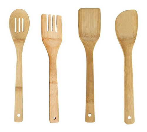 Set Utensilios De Cocina Mango Madera Bambú 4 Piezas Teflon