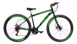 Mountain bike Woltz Steel aro 29 17" 21v freios de disco mecânico câmbios Yamada cor preto/verde