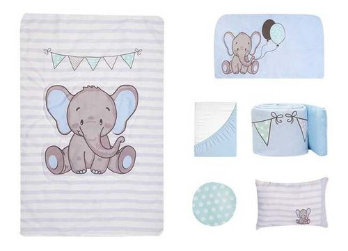 Set De Edredón Cama, Cuna Y Corral, 6 Pzas. Varios Diseños. Elefantito