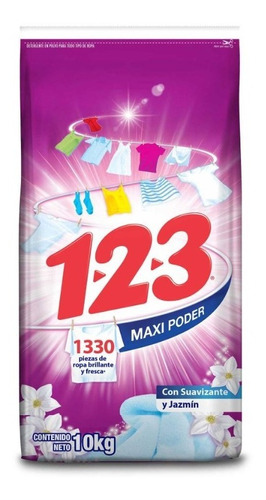 Detergente En Polvo 123 Suavizante Y Jasmin Maxi Poder 10 Kg