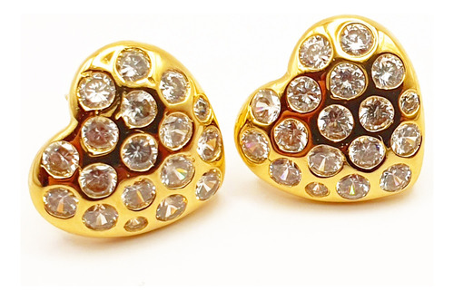 Aretes De Corazón Con Zirconias Chapa De Oro 22k