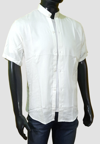 Camisas Hombre Manga Corta Lisas Lino Elastizado Cuello Mao