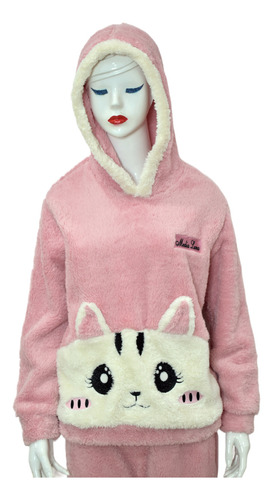 Pijama Mujer Polar Súper Abrigador Con Capucha Diseño Gata