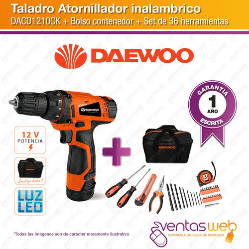 Imagen 2 de 4 de Atornillador Inalambrico 12 V Daewoo + 36 Accesorios + Bolso