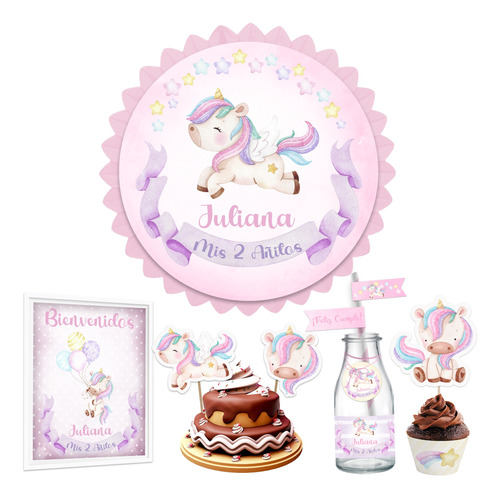 Kit Imprimible Unicornio + Banner Circular Fondo Mesa Dulce