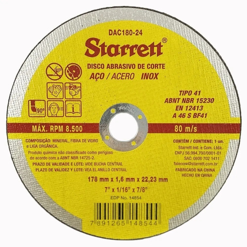 Starrett Corte Disco  Extra Fino 4.1/2 X 1mm Amarelo DAC180-24