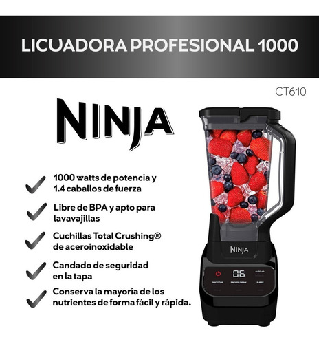 Imagen 4 de 7 de Licuadora Ninja Professional Touchscreen Blender CT610 2.1 L negra con vaso de tritan 120V