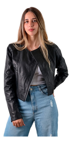 Campera De Cuero Vacuno De Mujer Cortita Cruzada Moderna 