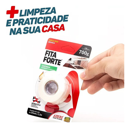 Fita Forte Dupla Face Cozinha Gordura 24mm X1,5m Adere Cor Branco Liso