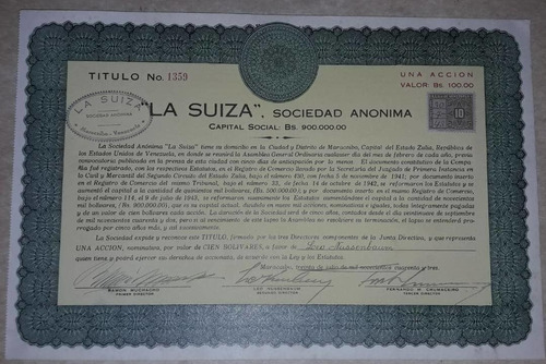 Dificil Titulo Accion La Suiza Socieda Anonima Zulia 1943