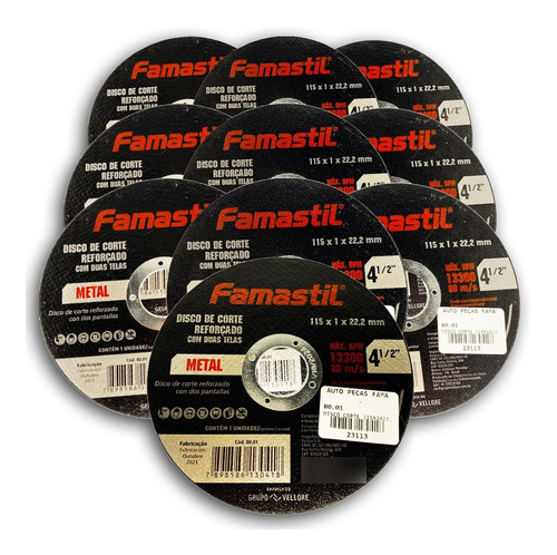 Kit 10 Discos Corte 115x1x22,2mm Metal Famastil