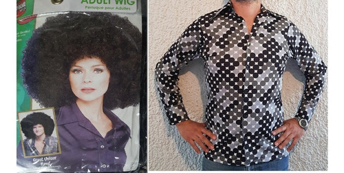 Disfraz Camisa Original 70s + Peluca Grande Disco Vintage Solapa Hallween Año Nuevo Reto Afro Sexy