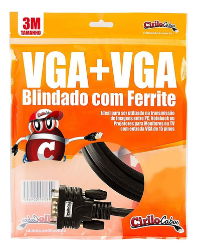 Cabo Vga Blindado Com Ferrite, 3 Mt - Cirilo Cabos