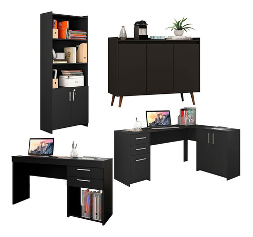 Conjunto Office Multiuso Mesa Office Buffet 3 Portas Preto