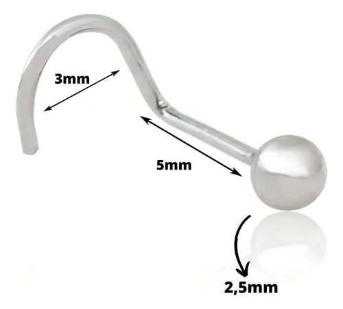Piercing en punta para nariz, plata 925, bola o piedra de color plateado