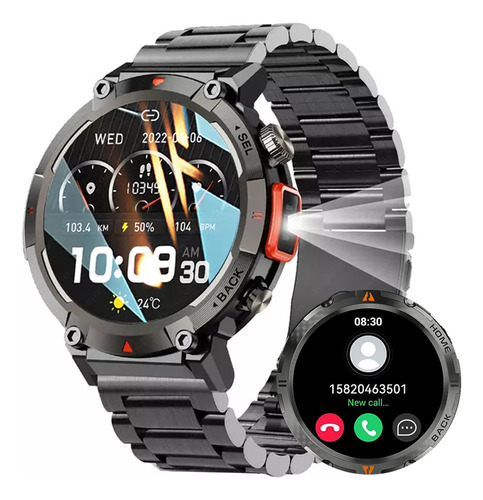 Reloj Inteligente Hombres Linterna Smartwatch Movimiento Color De La Correa Black Steel