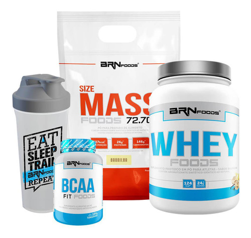 Kit Size Mass Foods Baunilha Whey Foods Bcaa Coqueteleira