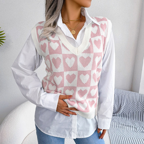 Chaleco De Punto Sweet Love Pattern Para Mujer Con Cuello En