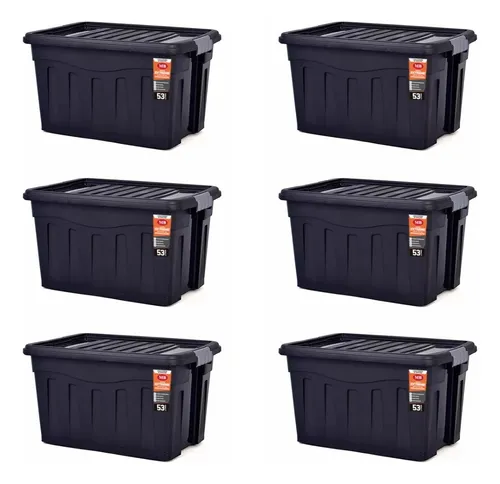 Kit Com 6 Unid Caixa Organizadora C Travas Rodízio 53l Preta Preto
