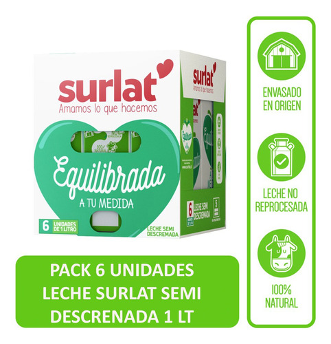 Leche Semi Descremada Natural Surlat 1 Lt Pack 6 Unidades