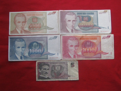 Lote 5 Billetes Serbios Diferentes De Nikola Tesla 