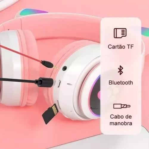 Fone De Ouvido Gatinho Bluetooth Com Luzes Led Infantil Rosa