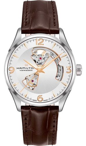 Reloj Hamilton Jazzmaster Open Heart Auto H32705551 Ghiberti Correa Marrón Oscuro Bisel Plateado Fondo Plateado