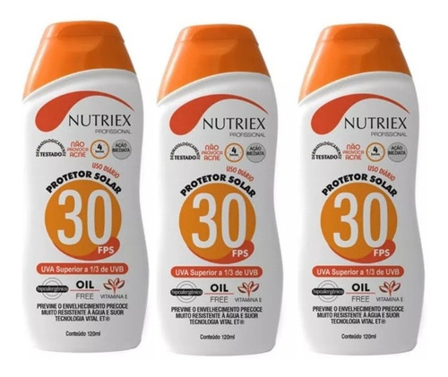 Kit 3 Protetor Bloqueador Solar Fps30 1/3 Uva Nutriex 120ml