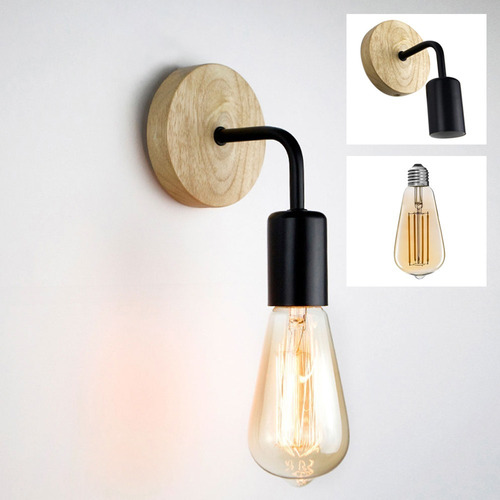 Lámpara De Pared Estilo Vintage, Luminaria Con Madera E27