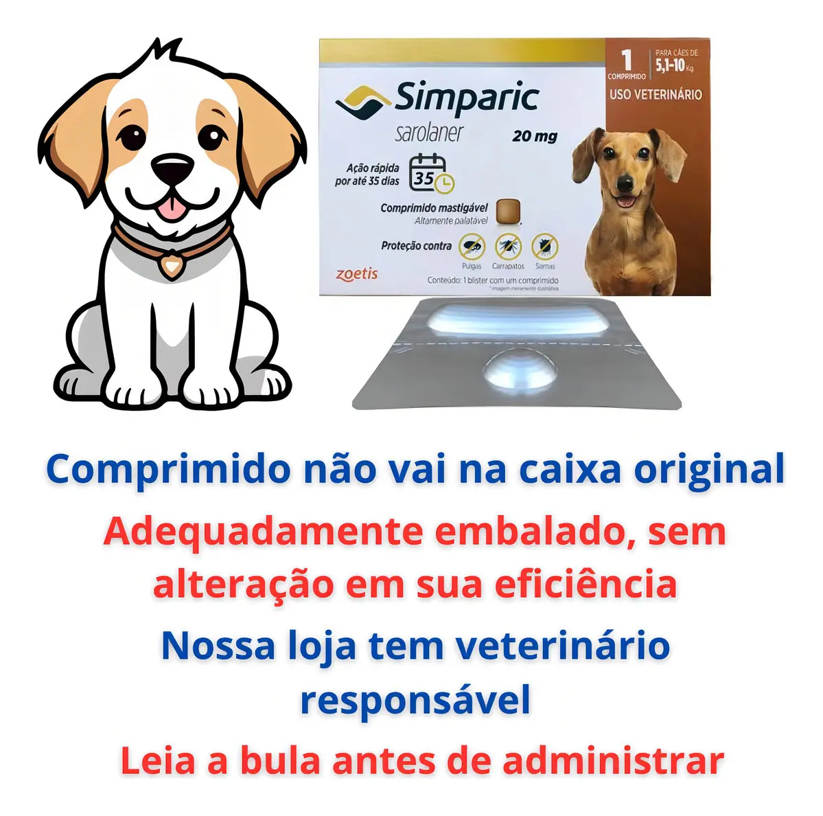 Comprimido Antipulgas Zoetis Simparic 20mg Para Cães 5,1 10kg