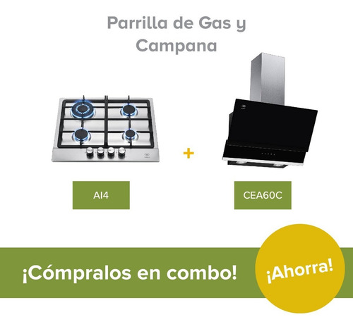 Combo Parrilla Gas 4q Y Campana Pared 60 Cm Avera Ai4cea60c Color Plateado