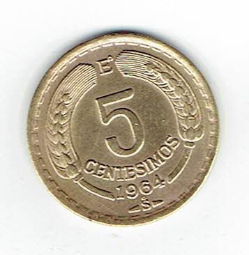 Moneda De Chile, 5 Centésimos, 1964.  Jp