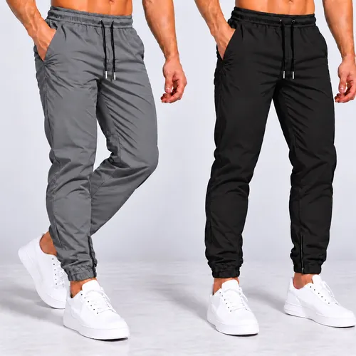 Kit 2 Calças Jogger Tactel Com Elastano Bolsos E Zipper Preta E Cinz