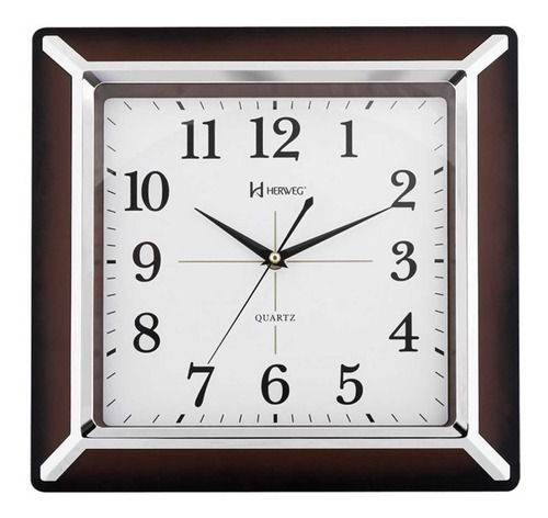 Reloj de pared cuadrado marrón con números plateados de Herweg