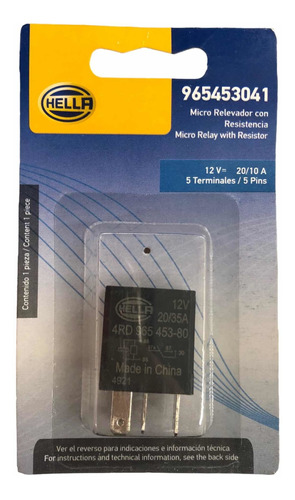 Micro Relevador Relay C/ Resistencia Hella 12v 20/10a 5 Pins