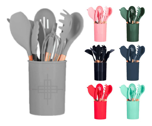 Jogo 11 Colheres Silicone Cabo Madeira Utensílios Cozinha Cor Cinza