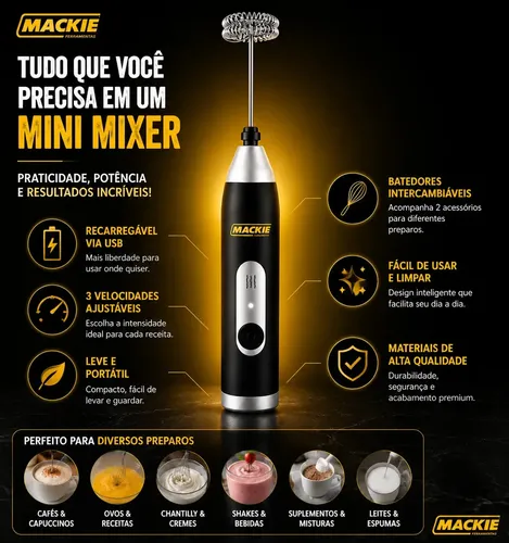 Mini Mixer Elétrico Portátil Misturador De Bebidas Café Leite Cappuccino Whey Protein Shake Ovos Espumador Batedor Fouet Inox Compacto Cozinha Drinks Mackie Ferramentas