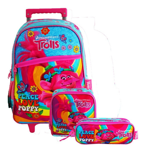 Imagem 1 de 10 de Kit Escolar Mochila Tr2238k + Estojo + Lancheira Trolls Clio