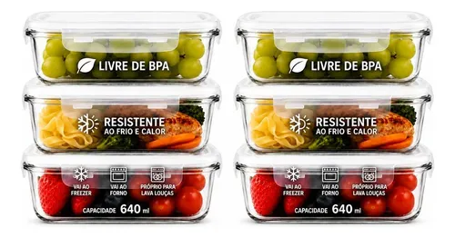 Kit 6 Potes Vidro 640ml Hermético Marmita Forno Refratário